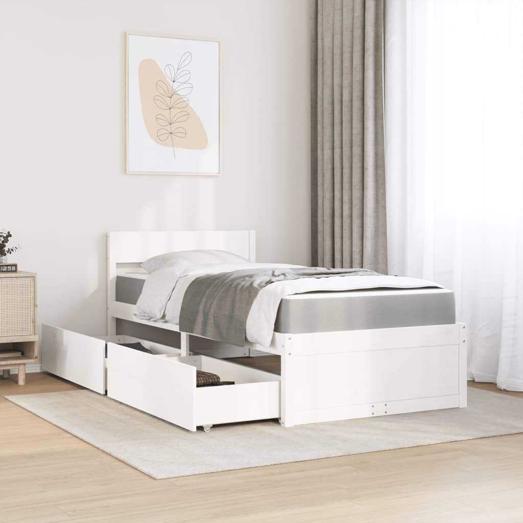 fehér tömör fenyőfa ágy fiókokkal és matraccal 90 x 200 cm