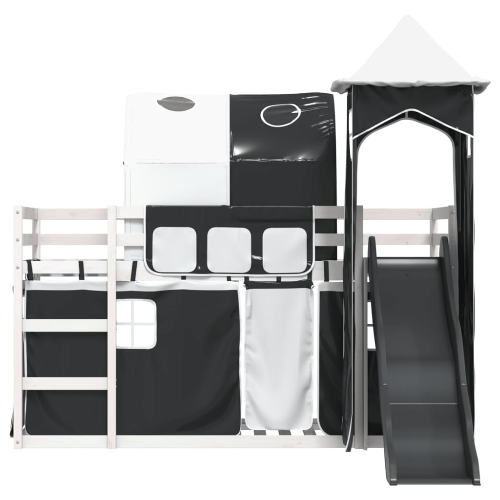 fehér-fekete emeletes ágy csúszdával és függönnyel 90 x 200 cm