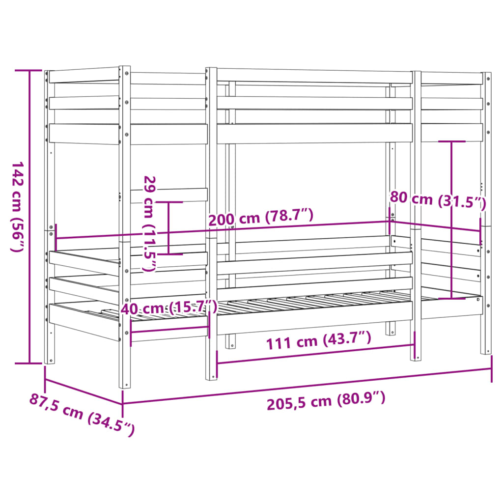 tömör fenyőfa emeletes ágy 80x200 cm