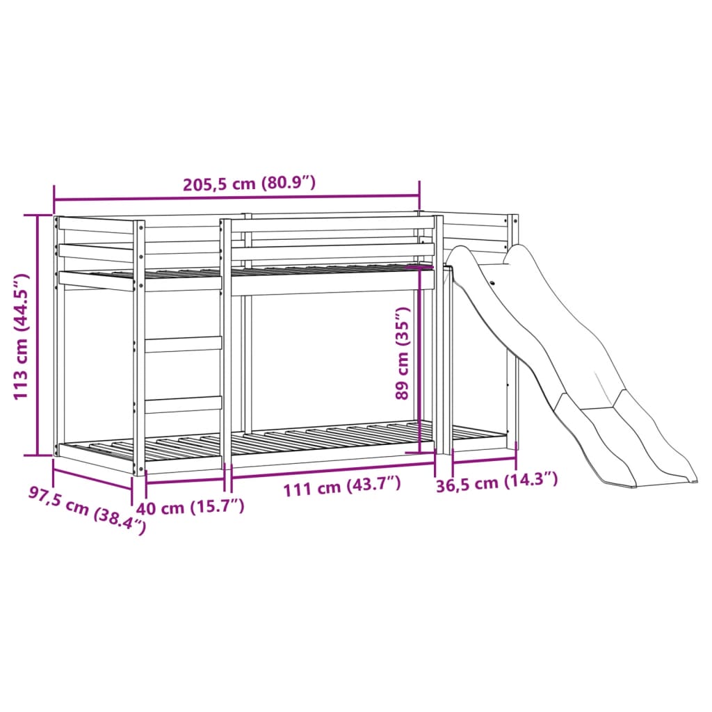 fehér tömör fenyő emeletes ágy csúszdával és létrával 90x200 cm