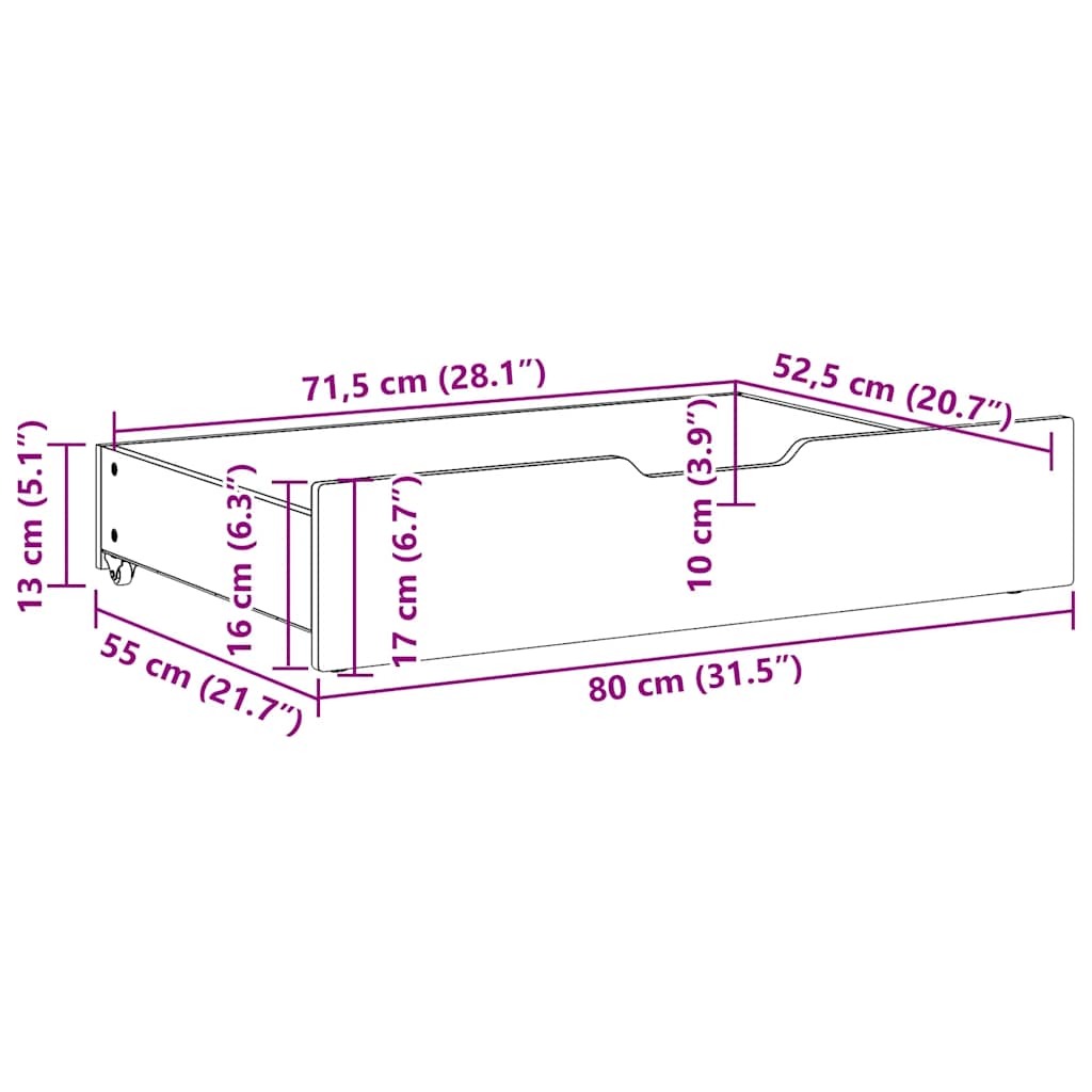2 db tömör fenyőfa ágy alatti fiók kerekekkel 80 x 55 x 17 cm