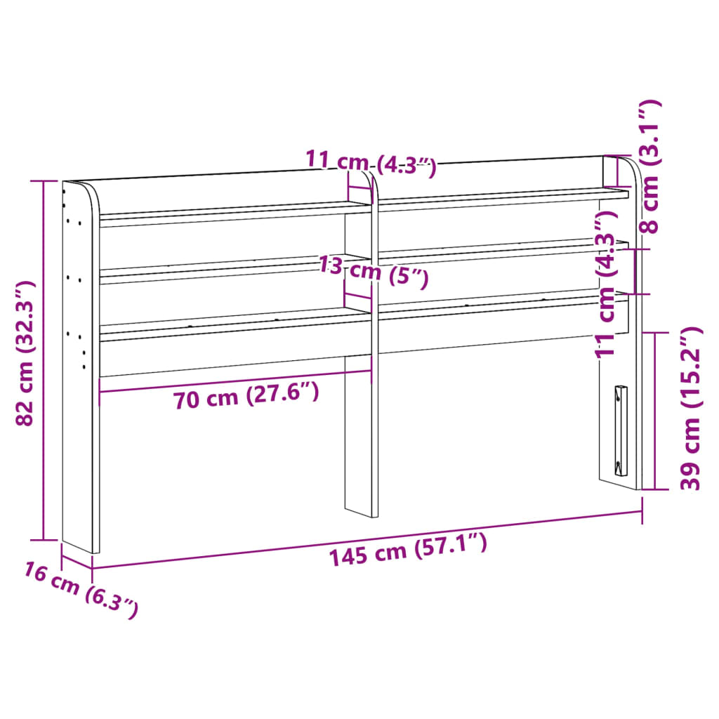 fehér tömör fenyőfa fejtámla polcokkal 135 cm