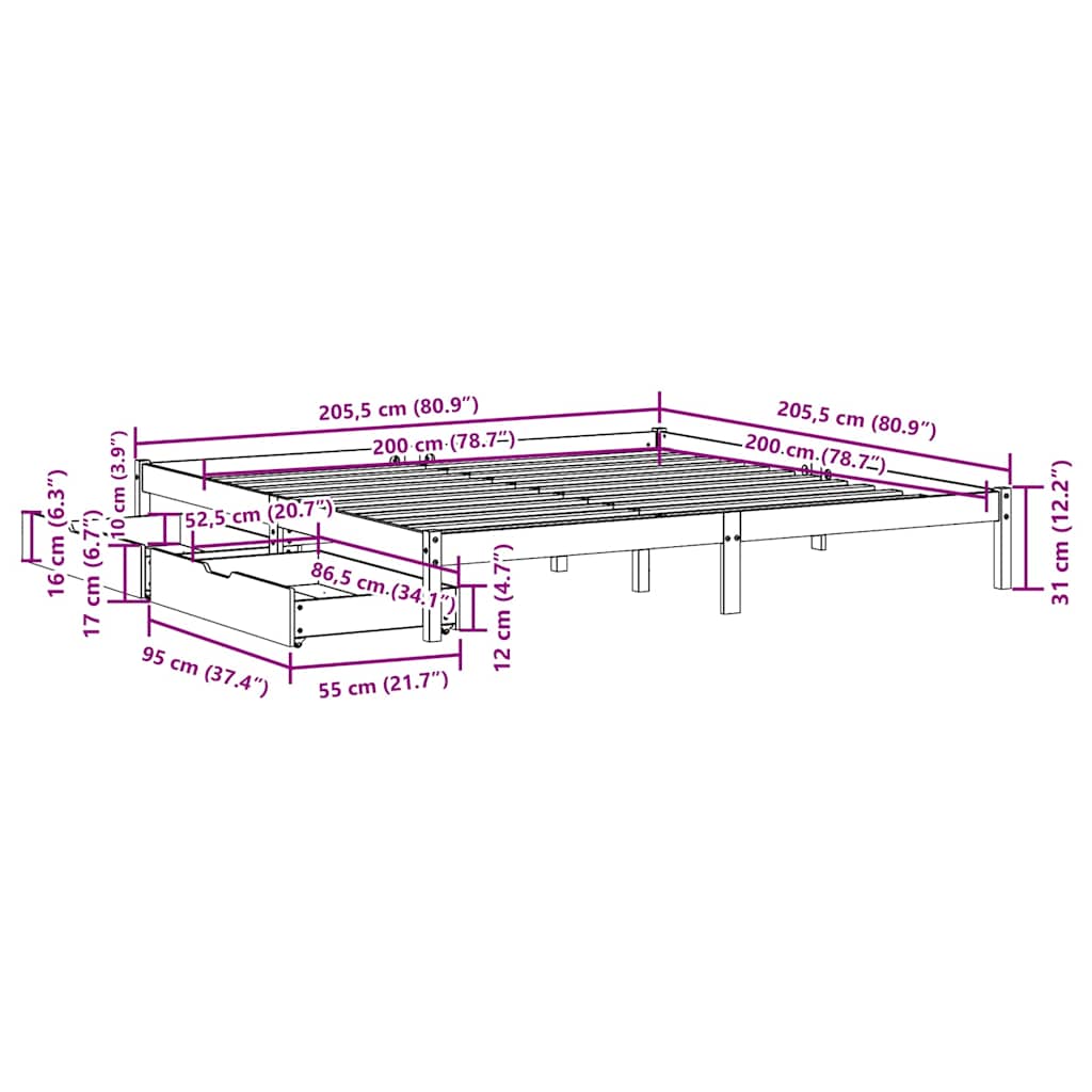 tömör fenyőfa ágy matrac nélkül 200 x 200 cm