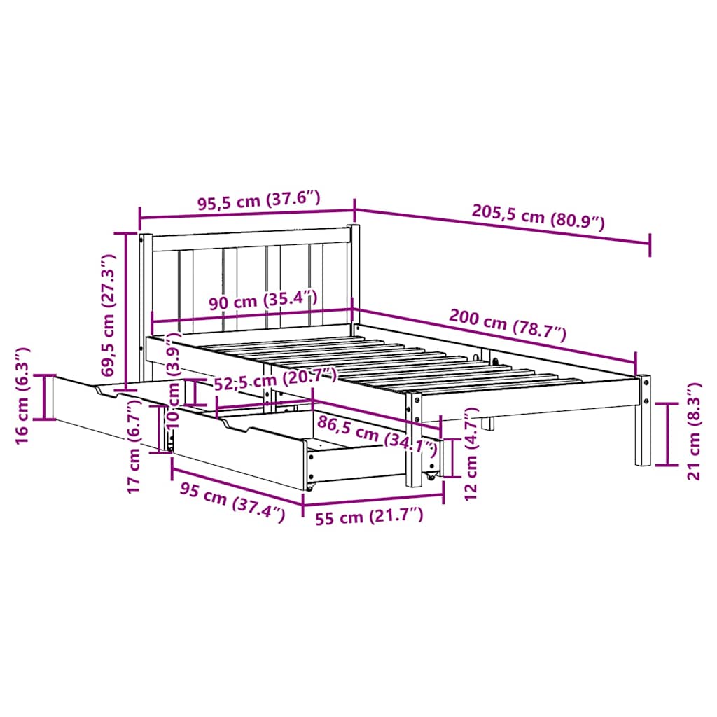 fehér tömör fenyőfa ágy matrac nélkül 90 x 200 cm