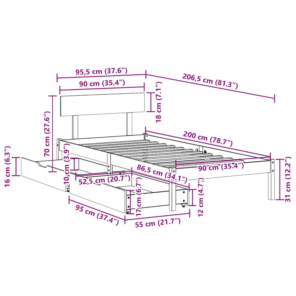 fehér tömör fenyőfa ágy matrac nélkül 90 x 200 cm