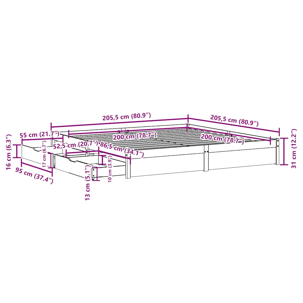 fehér tömör fenyőfa ágy matrac nélkül 200 x 200 cm
