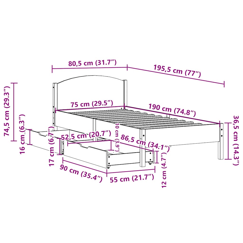 fehér tömör fenyőfa ágy matrac nélkül 75 x 190 cm