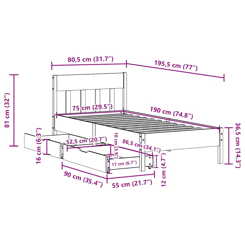 fehér tömör fenyőfa ágy matrac nélkül 75 x 190 cm