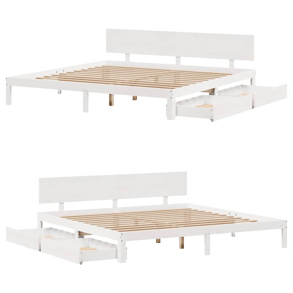 fehér tömör fenyőfa ágykeret fiókokkal 200 x 200 cm