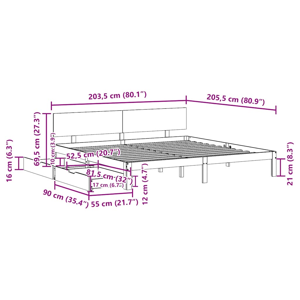 fehér tömör fenyőfa ágykeret fiókokkal 200 x 200 cm