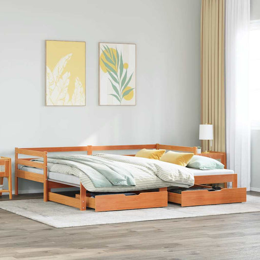viaszbarna tömör fenyőfa kihúzható kanapéágy fiókkal 90x190cm