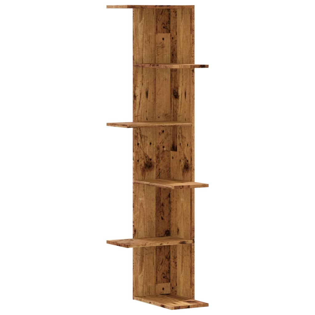antik fa színű szerelt fa fali sarokpolc 36,5 x 36,5 x 140 cm