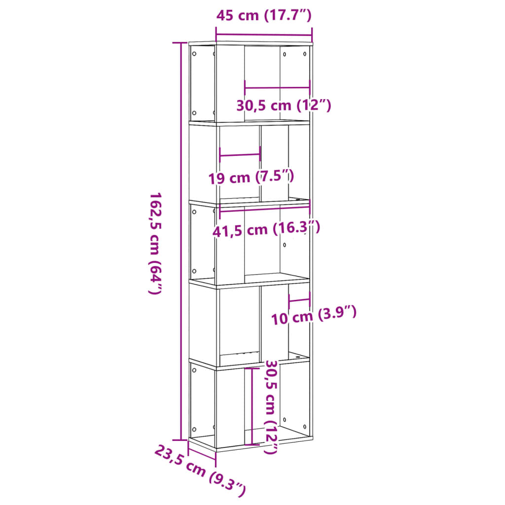 5 szintes szürke sonoma szerelt fa könyvespolc 45x23,5x162,5 cm