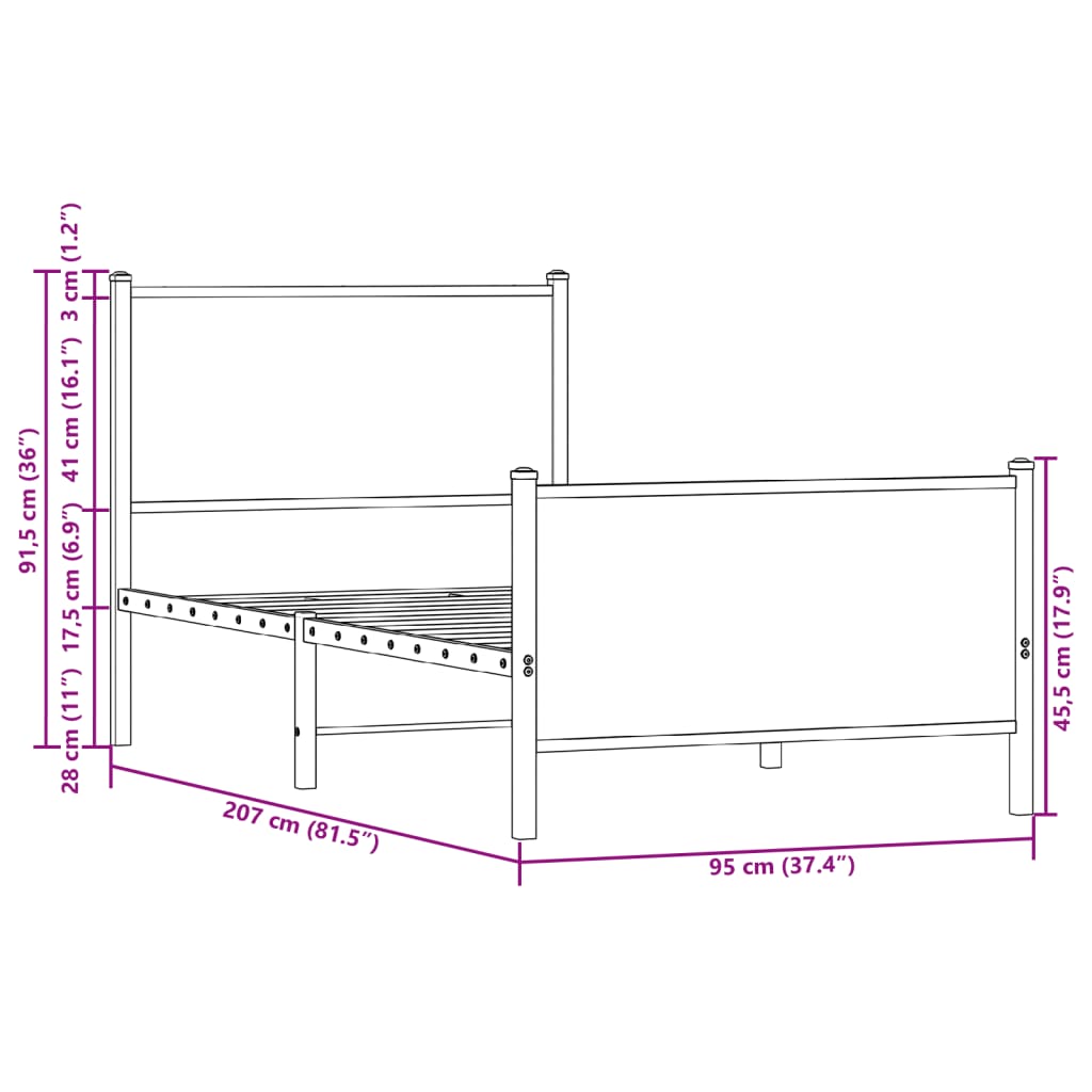 füstös tölgy színű fém ágykeret matrac nélkül 90 x 200 cm
