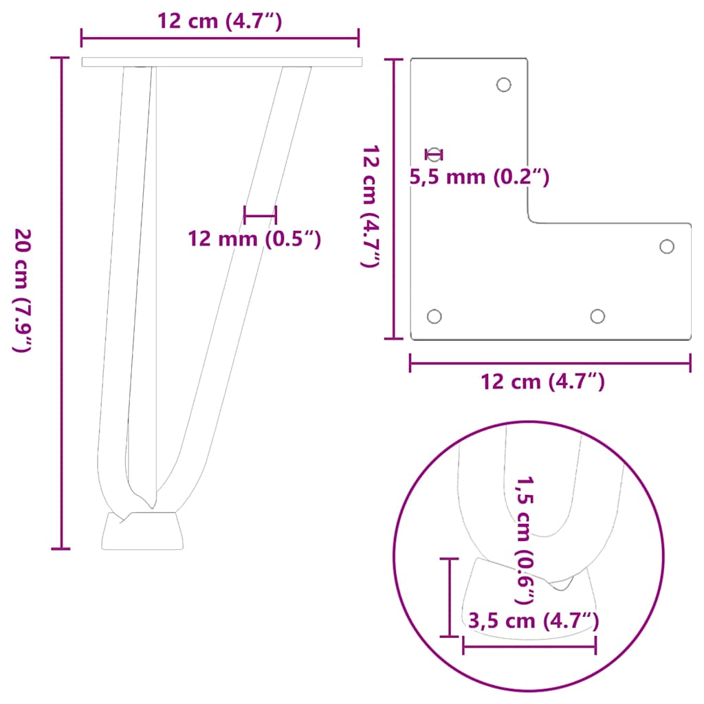 4 db fekete, tömör acél hajtűláb dohányzóasztalhoz, 20 cm