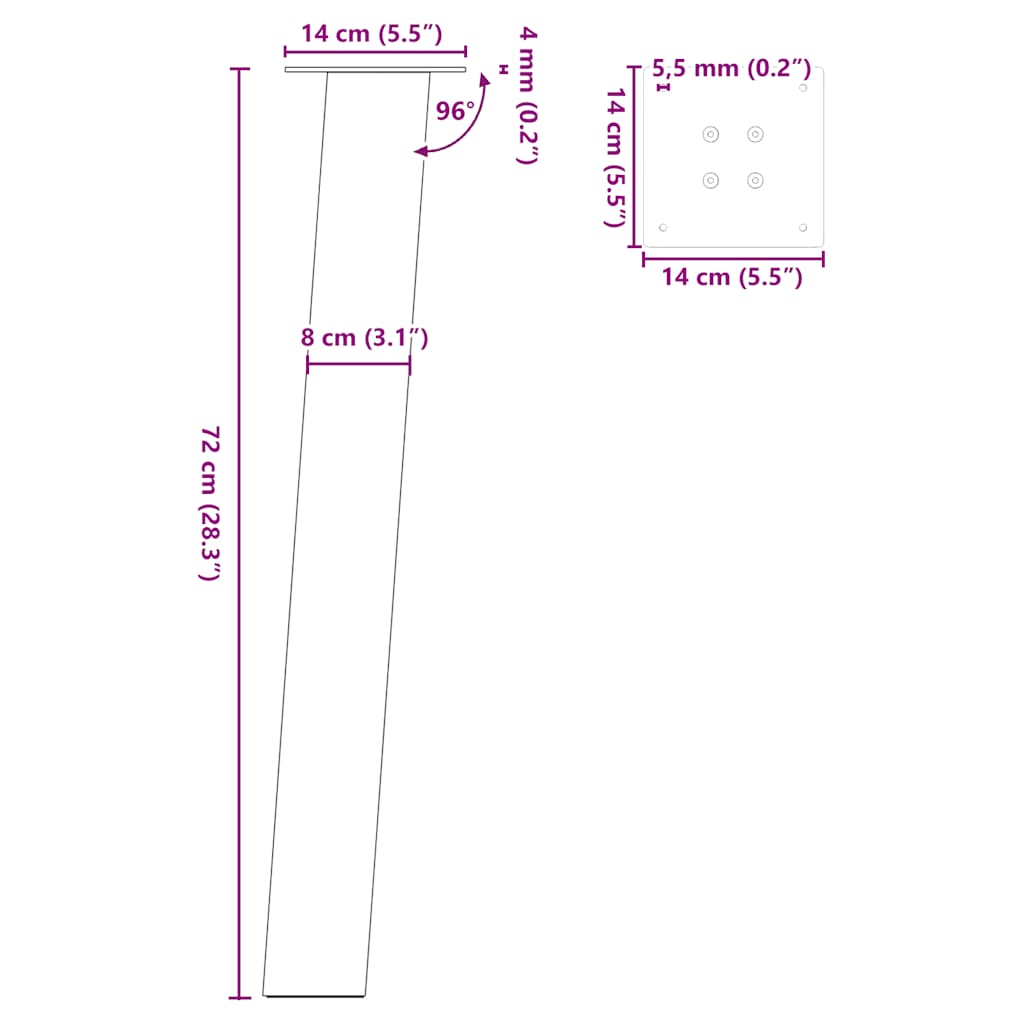 4 db fekete acél konzolasztal láb 72 cm