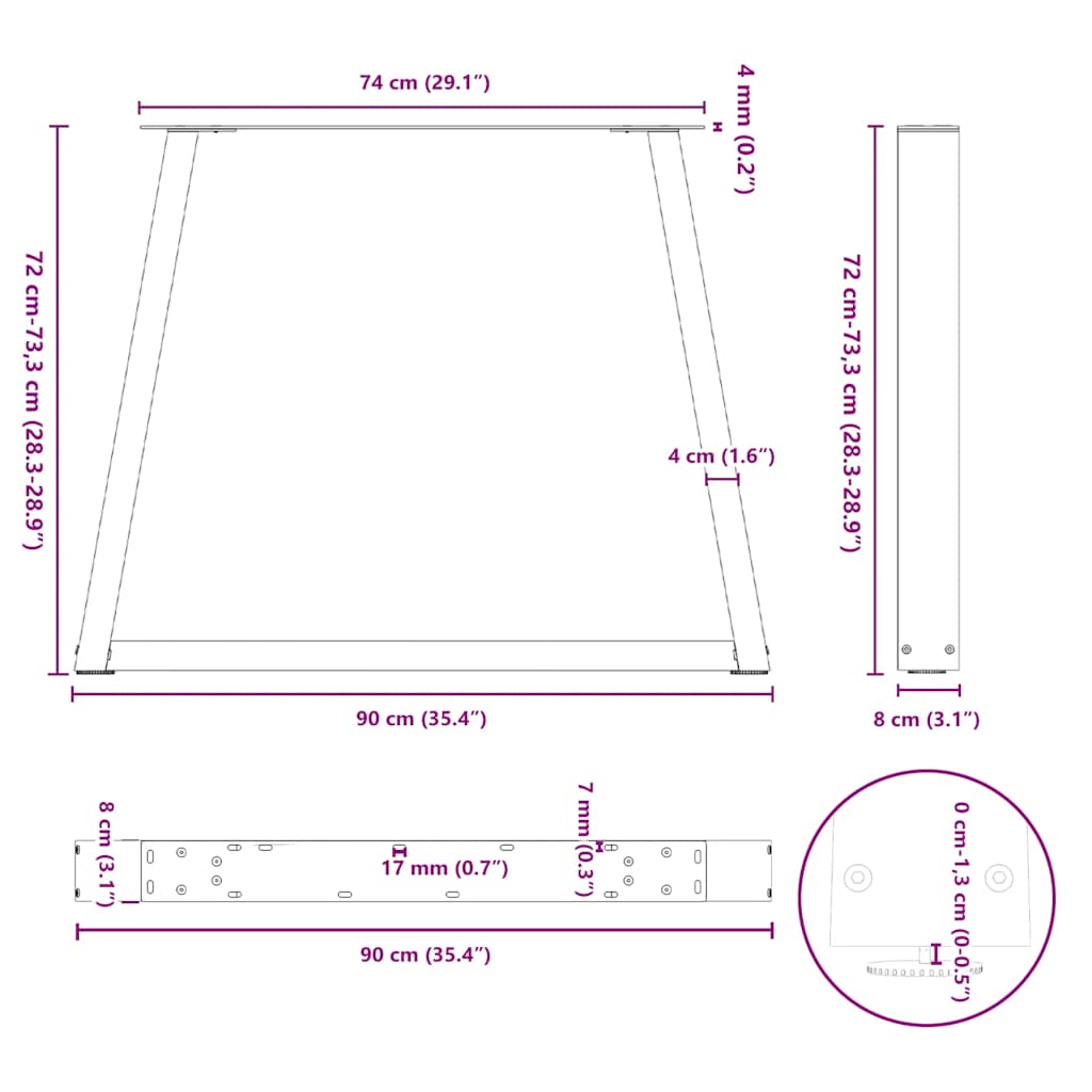 3 db fekete, V-alakú acél étkezőasztal láb 90 x (72-73,3) cm