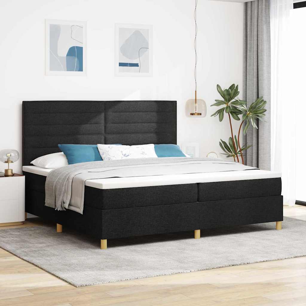 Boxrugós ágy fejtámlával Fekete 200 x 200 cm szövet
