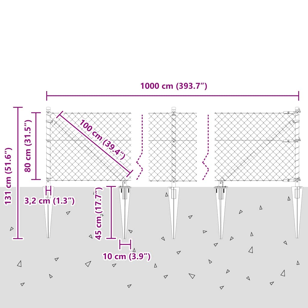 Lánckerítés oszlopokkal Ezüst 0.8 x 10 m Acél