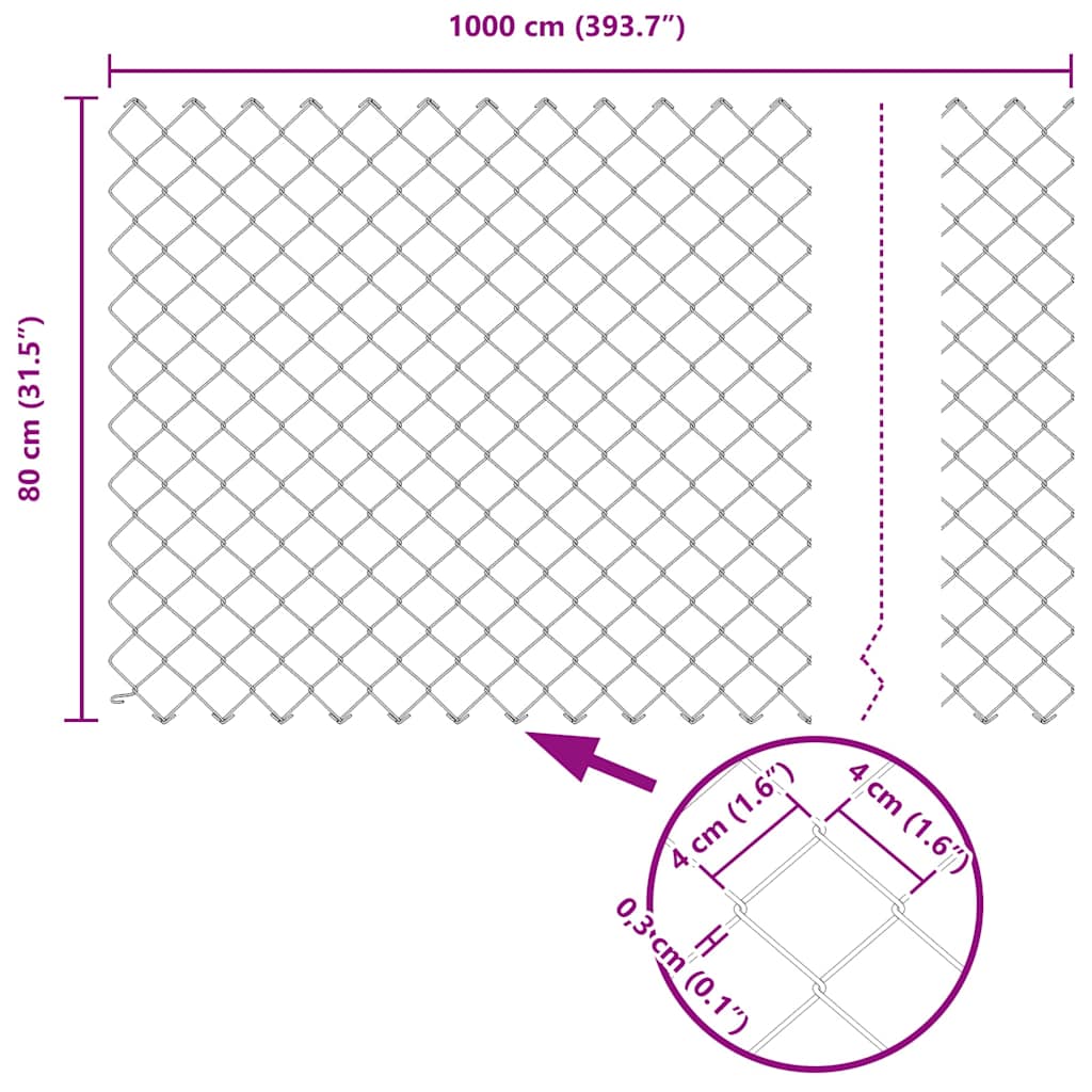 Lánckerítés oszlopokkal Ezüst 0.8 x 10 m Acél
