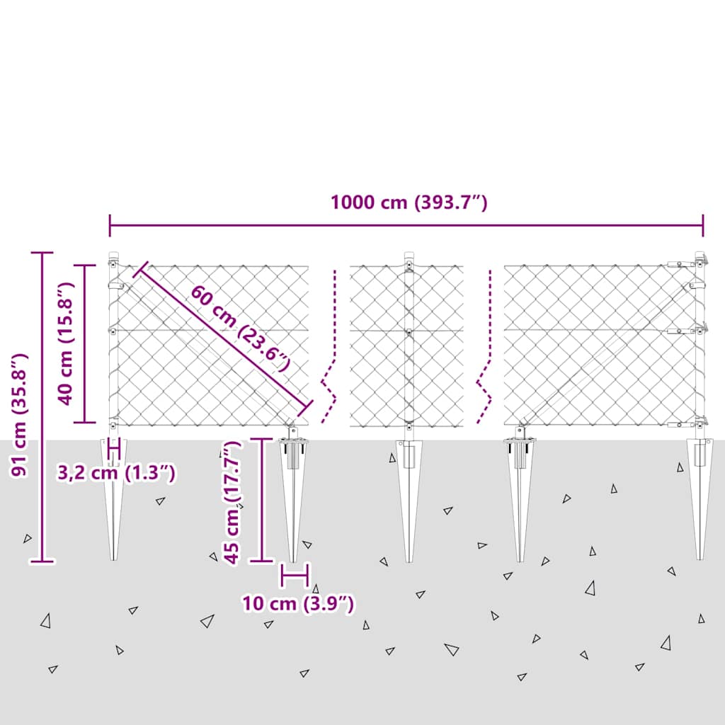 Lánckerítés oszlopokkal Ezüst 0,4 x 10 m Acél