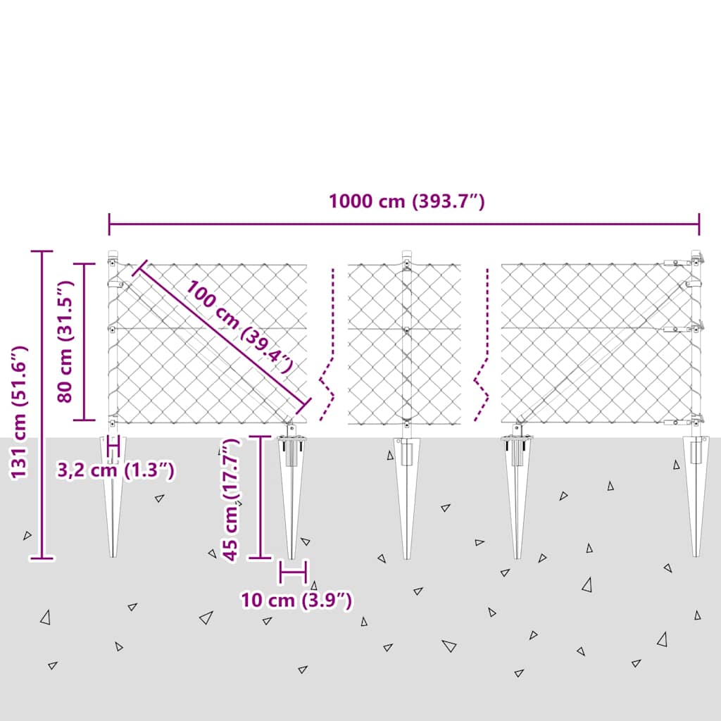 Lánckerítés oszlopokkal Ezüst 0.8 x 10 m Acél
