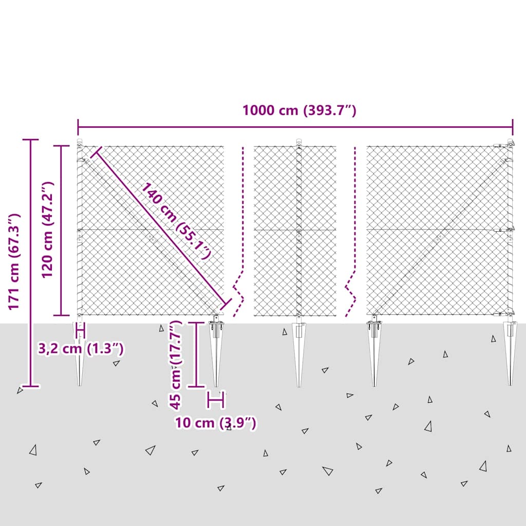 Lánckerítés oszlopokkal Ezüst 1.2 x 10 m Acél