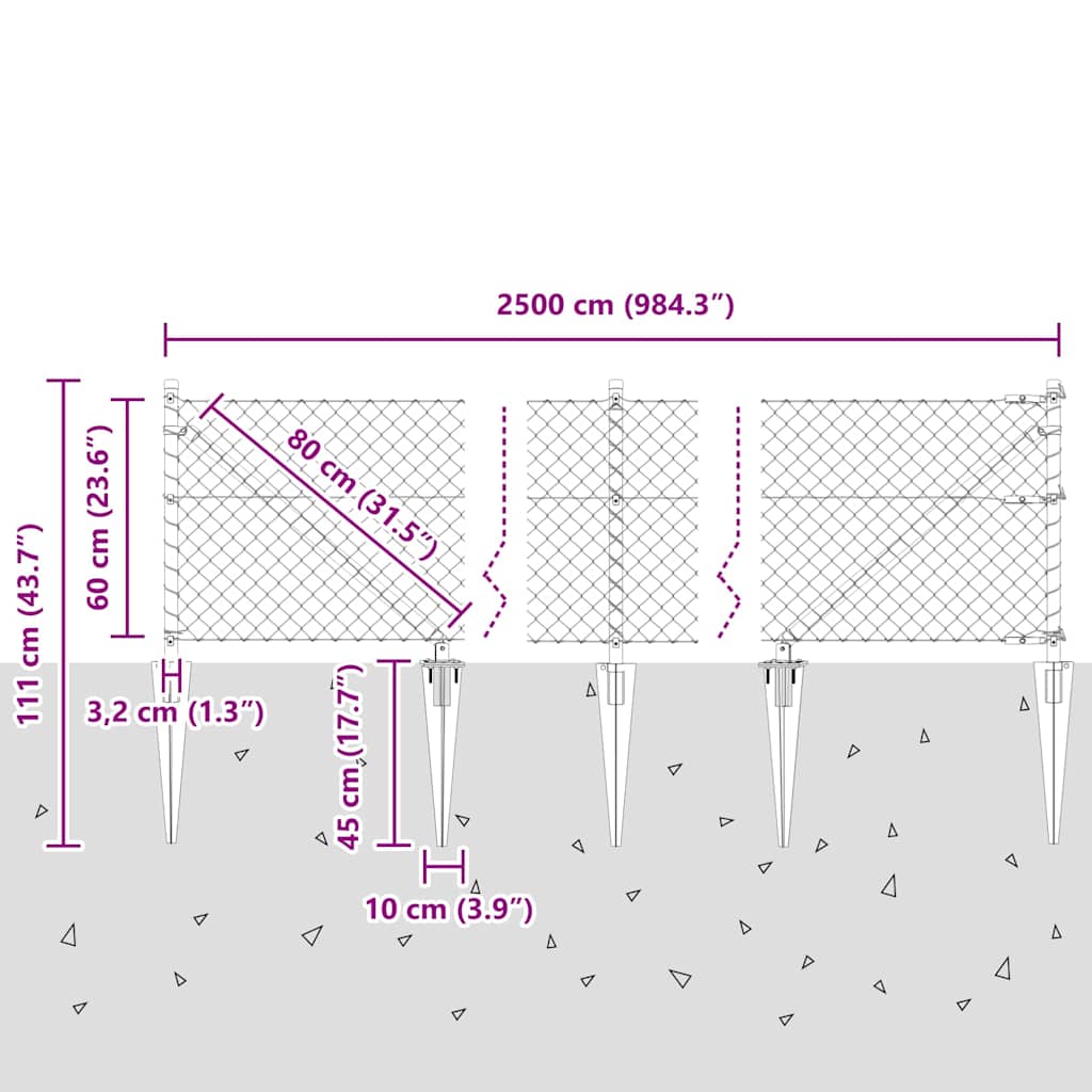 Lánckerítés oszlopokkal Ezüst 0,6 x 25 m Acél