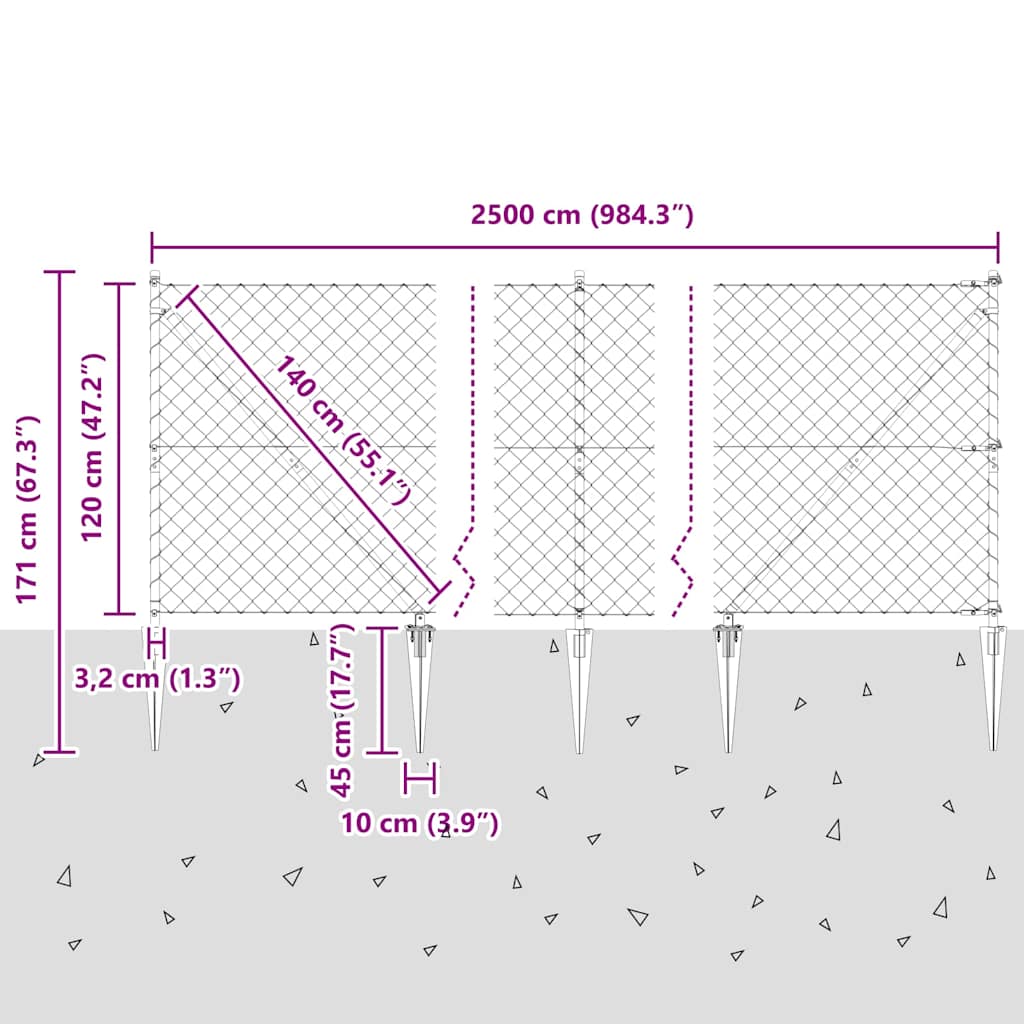 Lánckerítés oszlopokkal Ezüst 1.2 x 25 m Acél