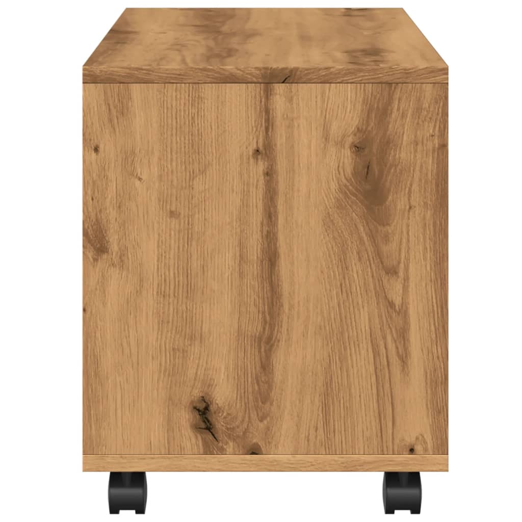 kézműves tölgy színű szerelt fa görgős szekrény 72x33x42,5 cm