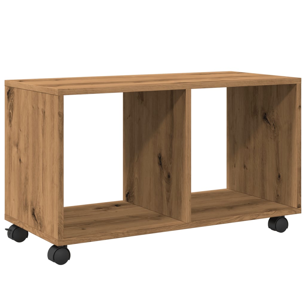 kézműves tölgy színű szerelt fa görgős szekrény 72x33x42,5 cm