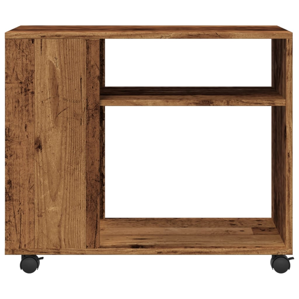 antik fa színű szerelt fa kisasztal kerekekkel 70 x 35 x 60 cm