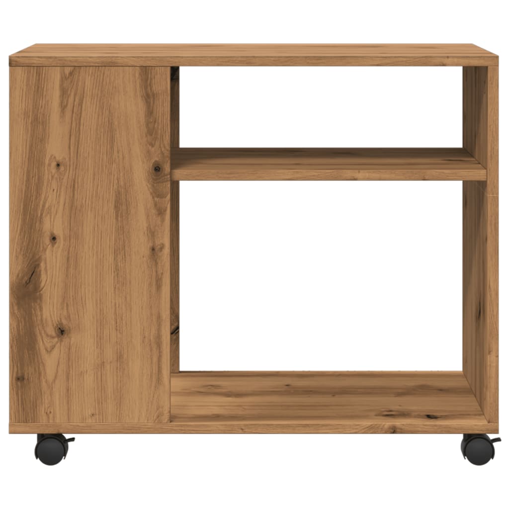 kézműves tölgy színű szerelt fa görgős kisasztal 70x35x60 cm