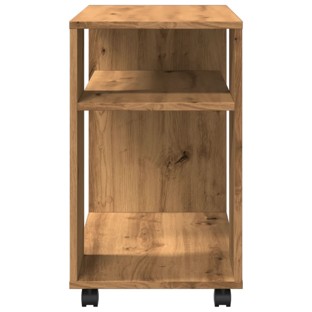 kézműves tölgy színű szerelt fa görgős kisasztal 70x35x60 cm