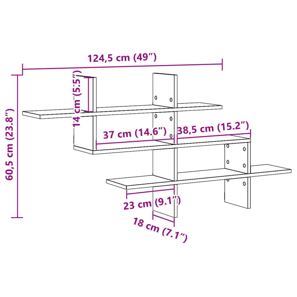 betonszürke szerelt fa fali polc 124,5 x 18 x 60,5 cm