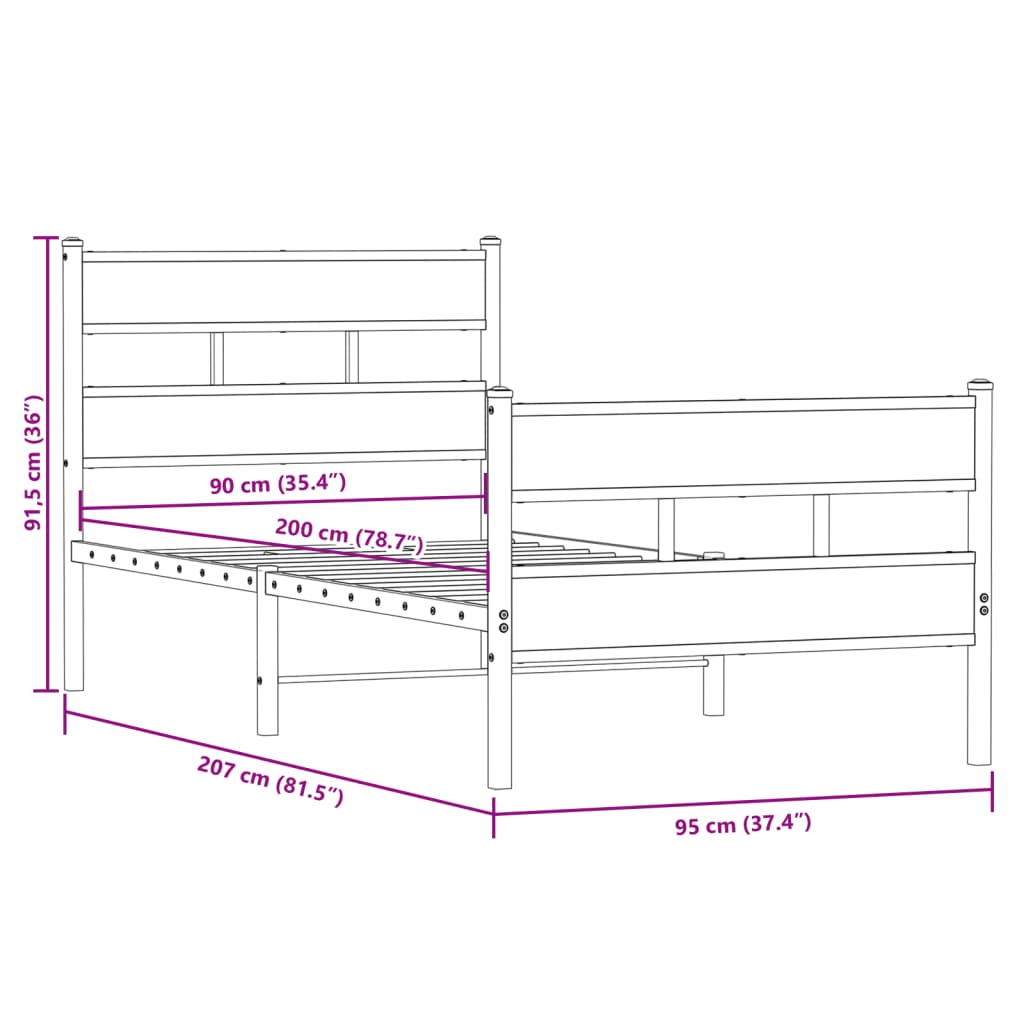füstös tölgy színű fém ágykeret matrac nélkül 90 x 200 cm