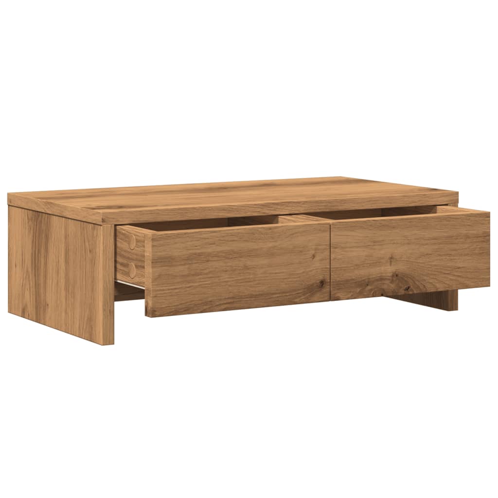 kézműves tölgy szerelt fa monitorállvány fiókokkal 50x27x15 cm