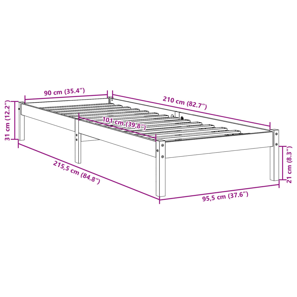 tömör fenyőfa extra hosszú ágykeret matrac nélkül 90 x 210 cm