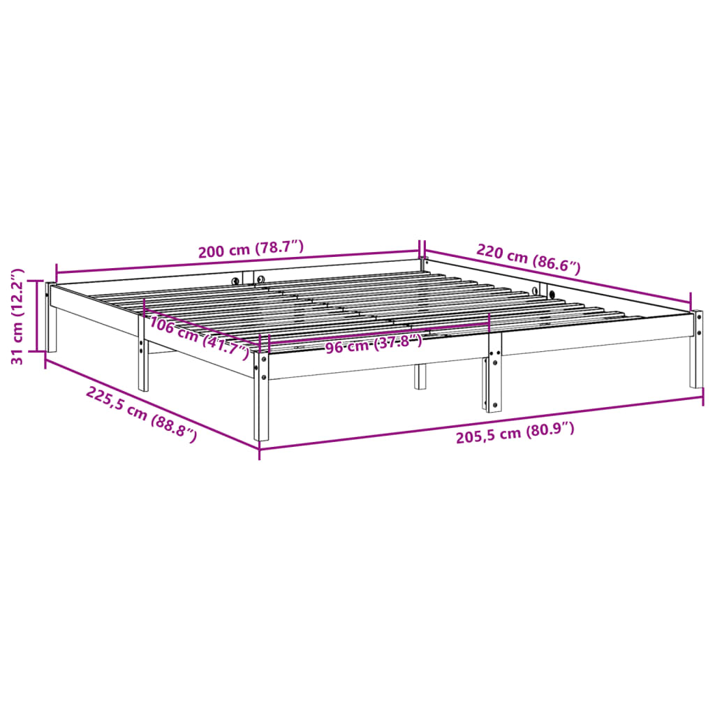 fehér tömör fenyő extra hosszú ágykeret matrac nélkül 200x220cm