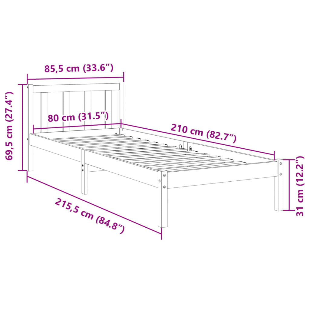 fehér tömör fenyő extra hosszú ágykeret matrac nélkül 80x210 cm