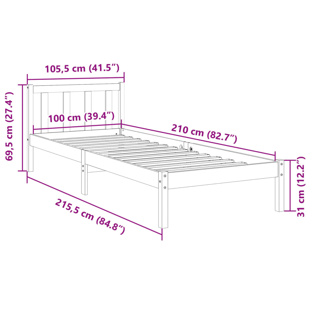 tömör fenyőfa extra hosszú ágykeret matrac nélkül 100 x 210 cm