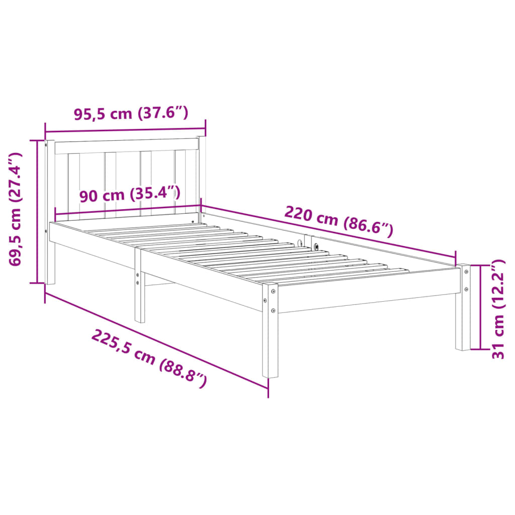 tömör fenyőfa extra hosszú ágykeret matrac nélkül 90 x 220 cm