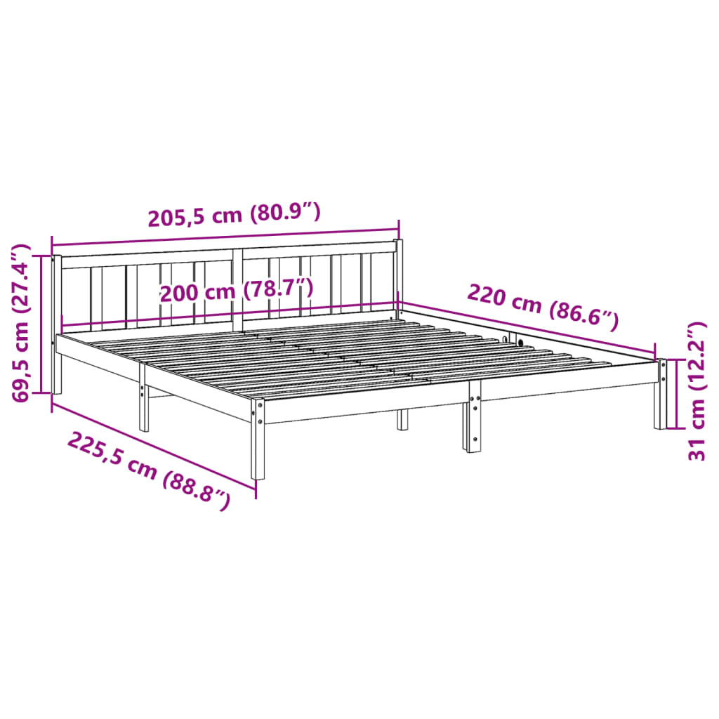 fehér tömör fenyő extra hosszú ágykeret matrac nélkül 200x220cm