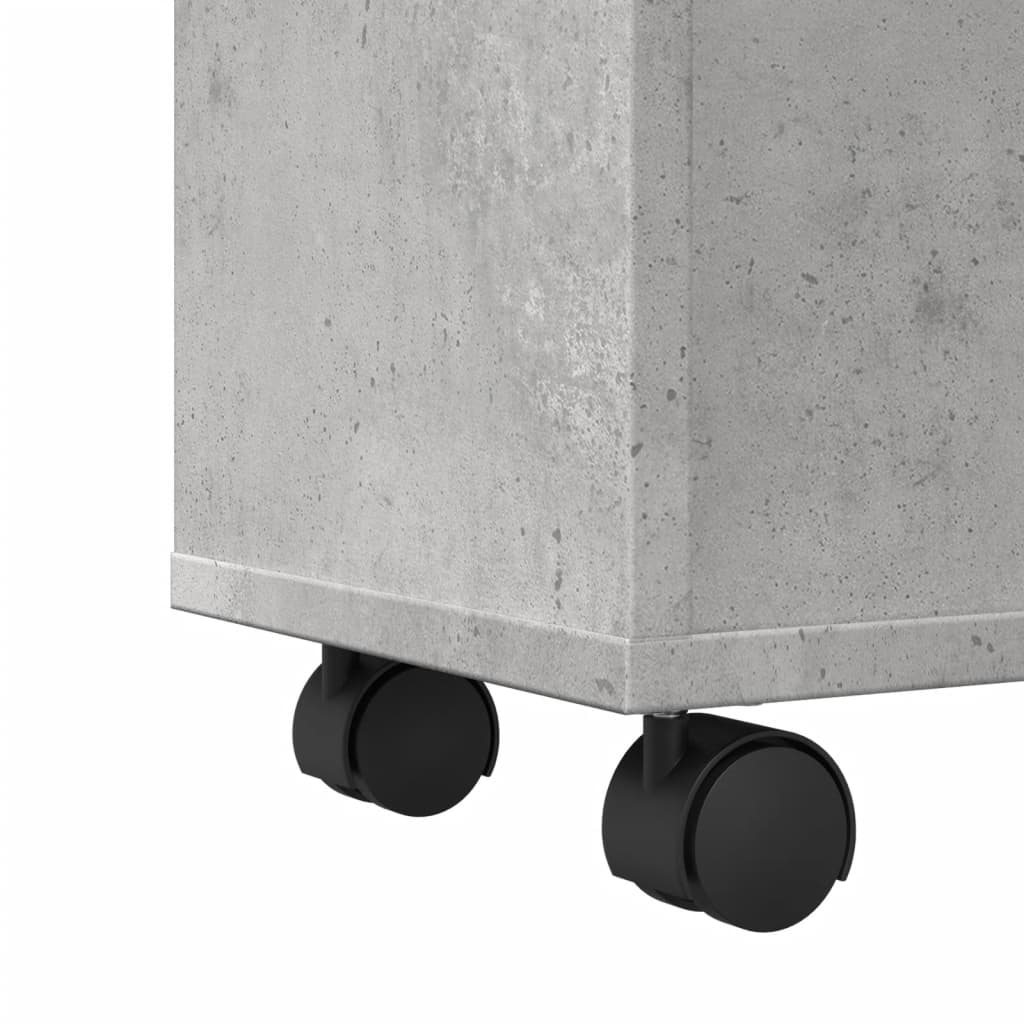 betonszürke szerelt fa görgős keskeny fürdőszobaszekrény