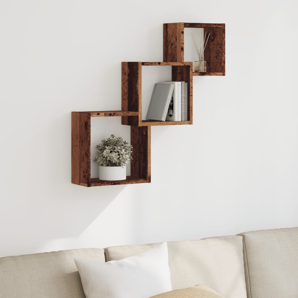 antik fa színű szerelt fa fali kocka polcok 68x15x68 cm