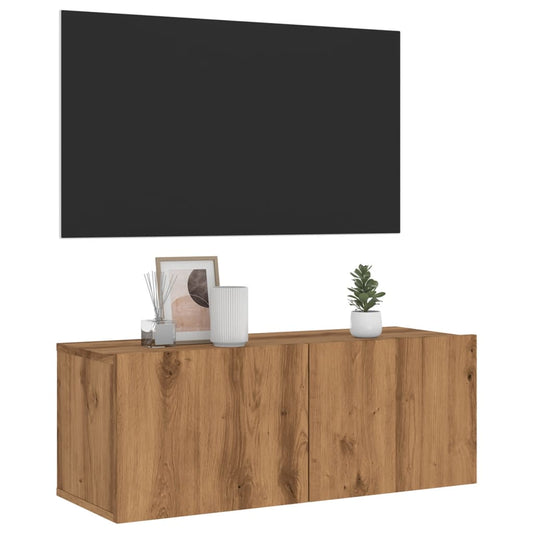 kézműves tölgy színű szerelt fa fali TV-szekrény 80x30x30 cm