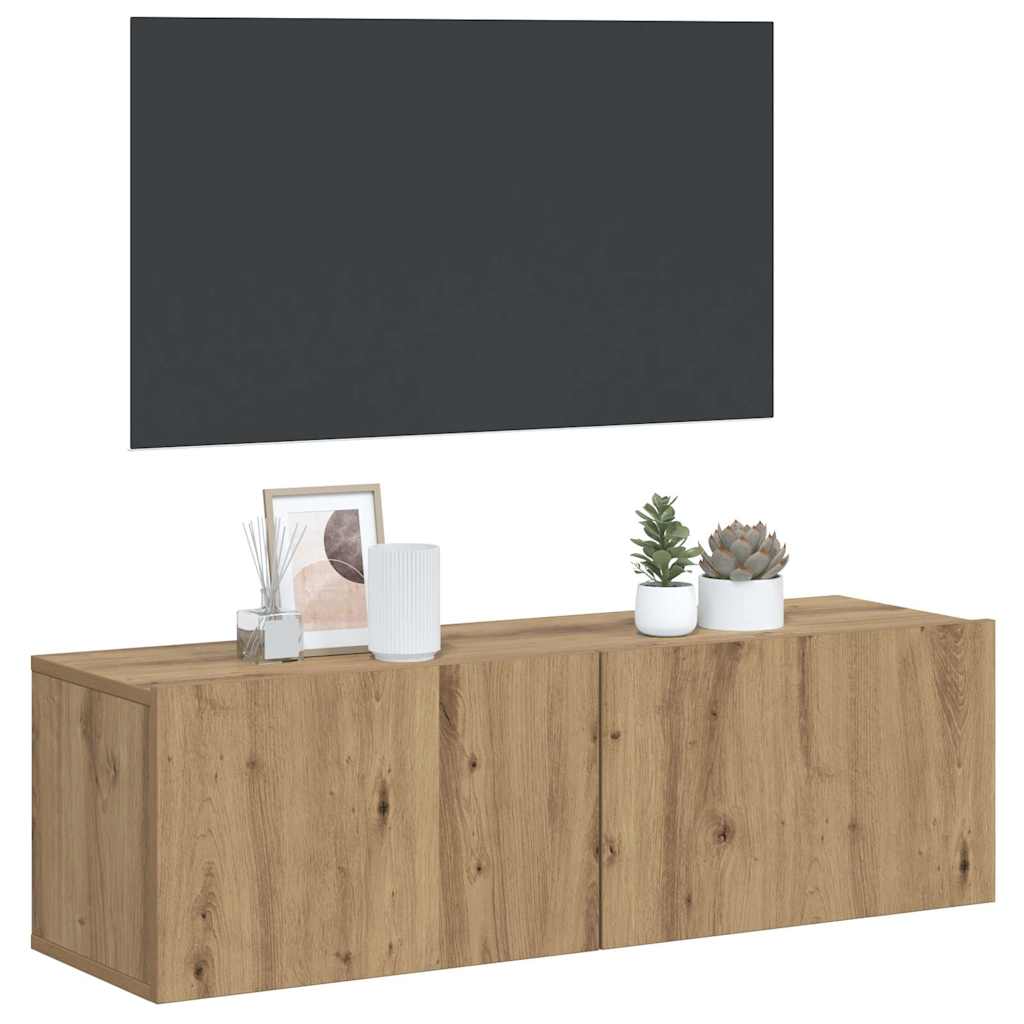 kézműves tölgy színű szerelt fa fali TV-szekrény 100x30x30 cm