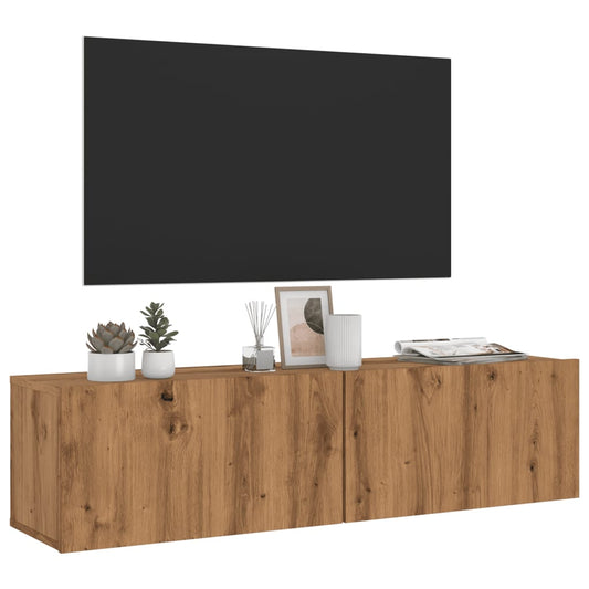kézműves tölgy színű szerelt fa fali TV-szekrény 120x30x30 cm