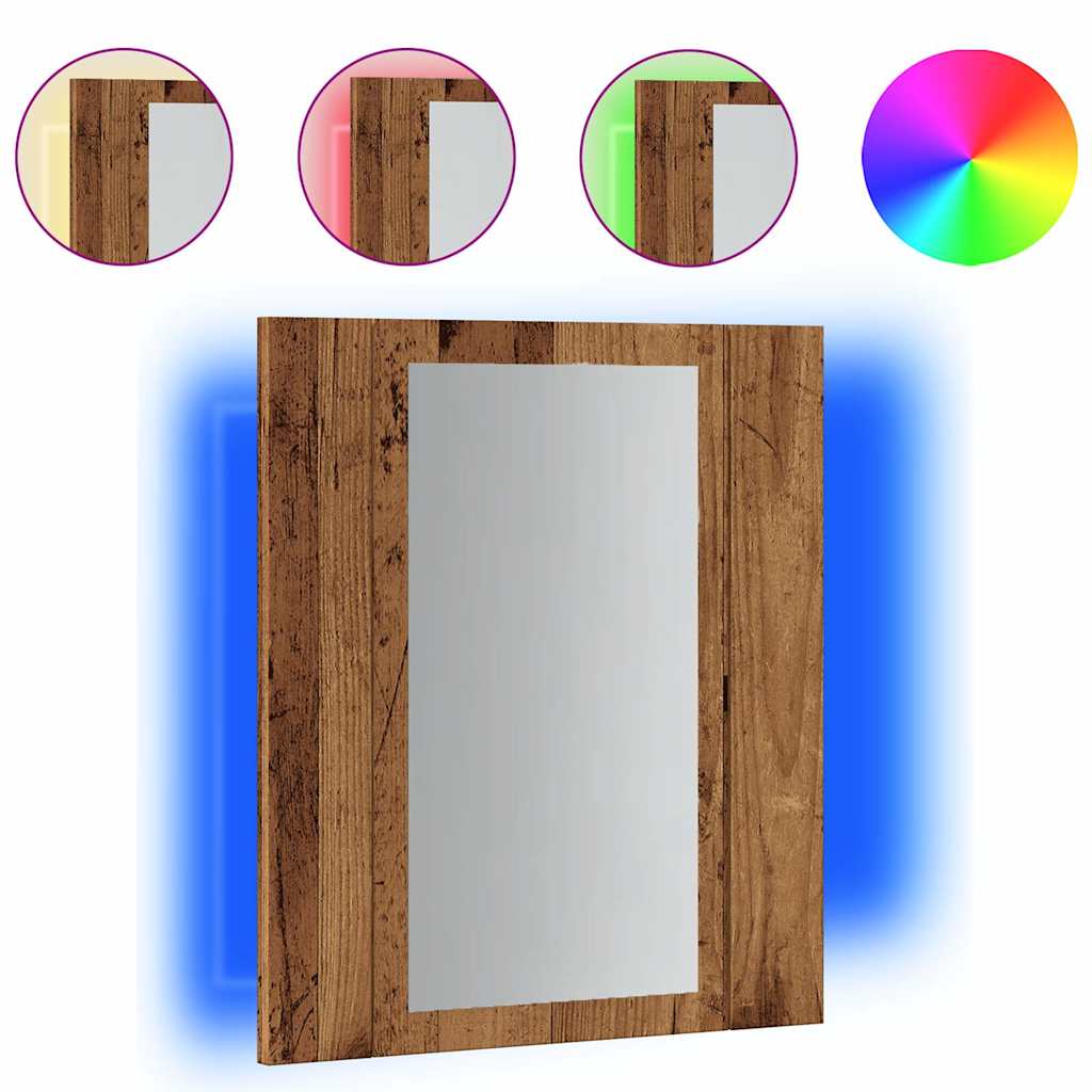 antik fa színű szerelt fa tükrös szekrény LED-del 40x12x45 cm