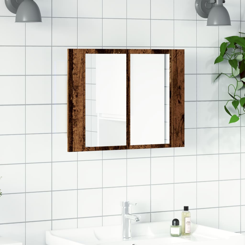antik fa színű szerelt fa tükörszekrény LED-del 60x12x45cm
